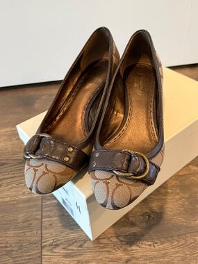 Coach Beige & Brown Signature Canvas Ballet Flats with Leather Trim